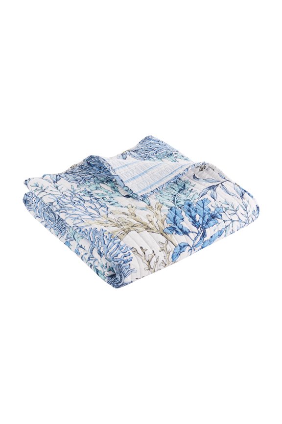 - Mahina - Throw - Coastal - Taupe, Blue and White - Quilt (50x60in.) and Sham 50x60in. - Cotton/Cotton