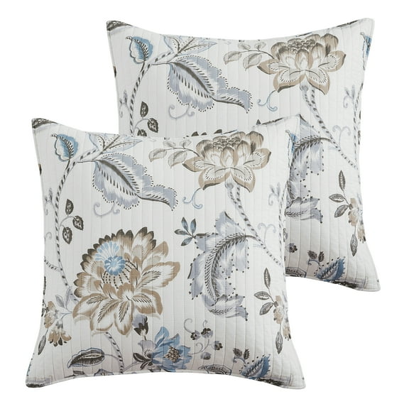 Levtex Home - Maileen Neutral Blue - Euro Sham Set of 2 - Floral - Taupe Blue and Cream - (26x26in.), No Insert - Reversible - Cotton