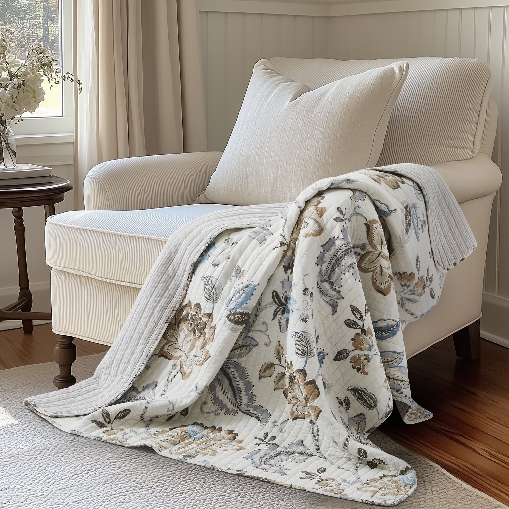 Levtex Home - Maileen Neutral Blue - Throw - Floral - Taupe Blue and Cream - Throw (50x60in.) - Cotton