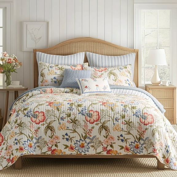 Levtex Home - Maileen Quilt Set - Full/Queen Quilt and Two Standard Shams - Floral - Bright Multi Color - Quilt (88x92in.) and Shams (20x26in.) - Reversible - Cotton
