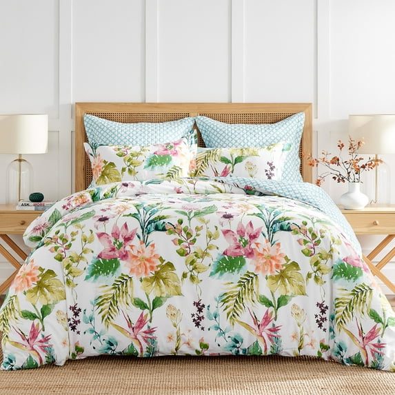 Levtex Home - Malana Comforter Set - Full/Queen Comforter + Two Standard Pillow Cases - Tropical - Green, Coral, Plum, Teal - Comforter (90 x 94in.) and Pillow Case (26 x 20in.) - Cotton