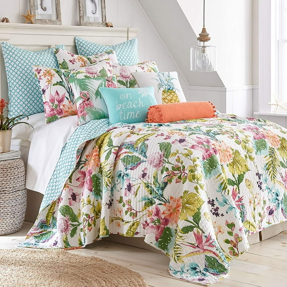 Levtex Home - Malana Quilt Set - Full/Queen Quilt + Two Standard Pillow Shams - Tropical - Green, Coral, Plum, Teal - Quilt (88x92in.) and Pillow Shams (26x20in.) - Reversible - Cotton Fabric