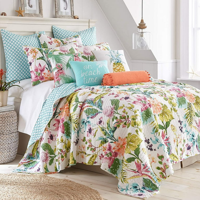 Levtex Home - Malana Quilt Set - Full/Queen Quilt + Two Standard Pillow  Shams - Tropical - Green, Coral, Plum, Teal - Quilt (88x92in.) and Pillow