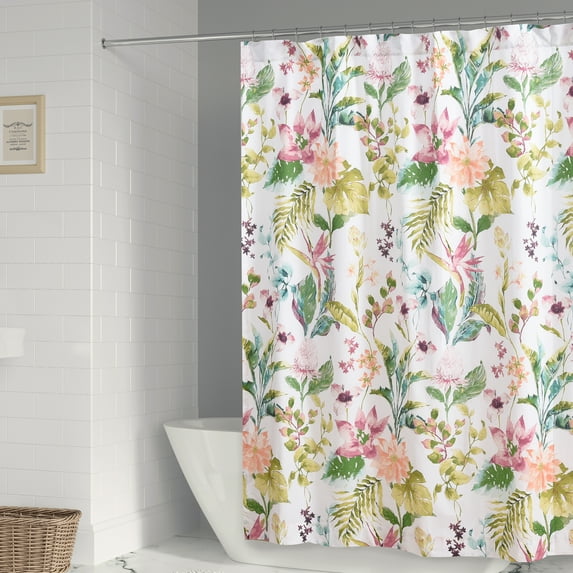 Levtex Home - Malana - Shower Curtain (72x72in.) with Button Holes - Floral - Tropical - Green, Coral, Plum, White and Teal - Cotton Fabric