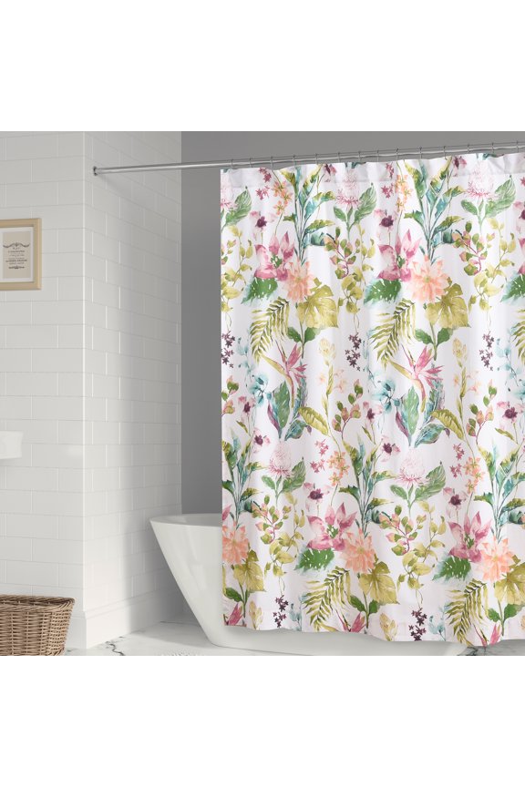 - Malana - Shower Curtain (72x72in.) with Button Holes - Floral - Tropical - Green, Coral, Plum, White and Teal - Cotton Fabric