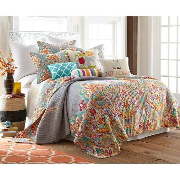 Levtex Home - Marielle Quilt Set - King Quilt + Two King Pillow Shams - Damask Medallion - Grey Orange Teal Green Yellow - Quilt (106x92in.) and Pillow Shams (36x20in. ) - Cotton Fabric