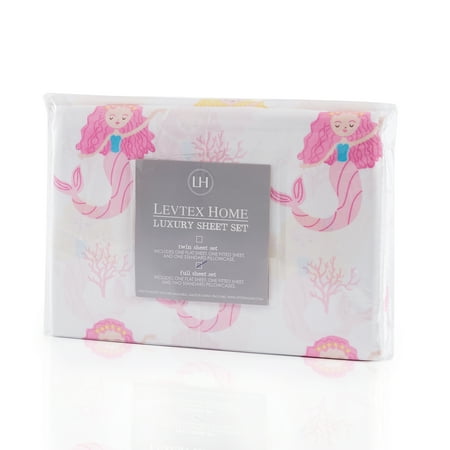 Levtex Home - Marina Twin Sheet Set - Top Sheet (66x96in.), Fitted Sheet (39x75), and One Pillowcase (21x30in.) - Mermaid - Pink, Blue, Gold, and White - Polyester