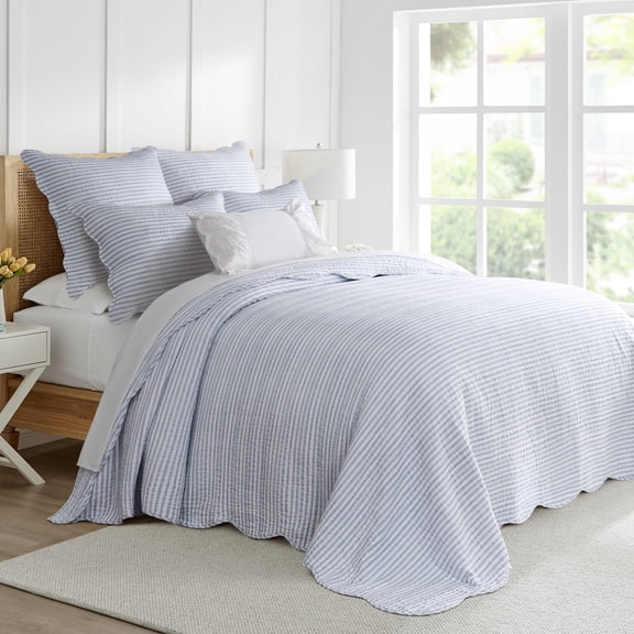 Levtex Home Martha Stripe Blue Reversible Twin Bedspread Set (80x106in) with 1 Pillow Sham (26x20in) - Stripe Bedding - Blue, White - Cotton Twin Size Bedspread Bedding Set - Lightweight, Pre-Washed