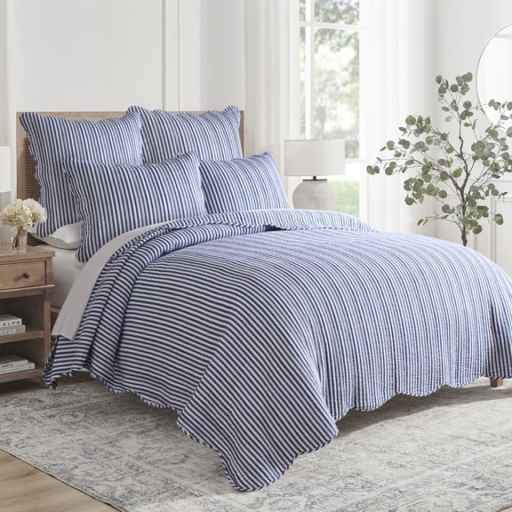 Levtex Home Martha Stripe Navy Reversible Full / Queen Quilt Set (88x92in) with 2 Pillow Shams (26x20in) - Stripe Bedding - Navy, White - Cotton Queen Size Quilt Bedding Set - Scalloped Edge