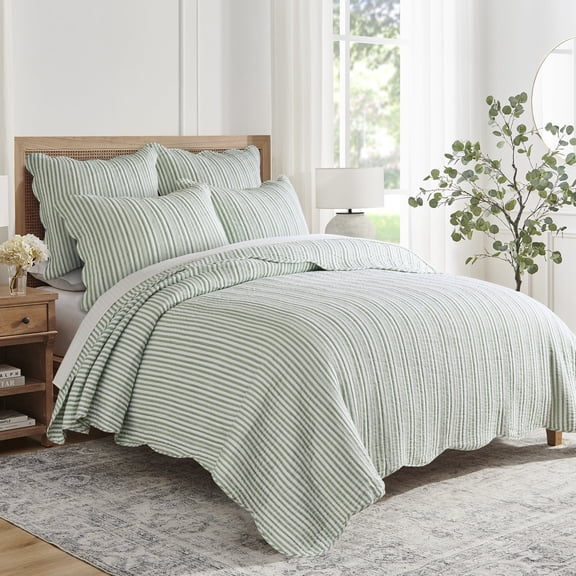 Levtex Home Martha Stripe Sage Reversible Twin XL / Twin Quilt Set (68x86in) with 1 Pillow Sham (26x20in) - Stripe Bedding - Sage, White - Cotton Twin Size Quilt Bedding Set - Scalloped Edge