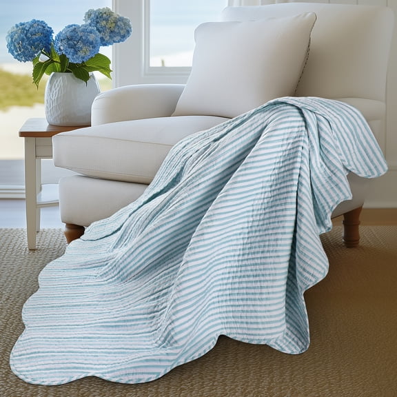 Levtex Home Martha Stripe Spa Quilted Reversible Throw (50x60in) - Stripe Bedding - Spa, White - Cotton Throw - Scalloped Edge