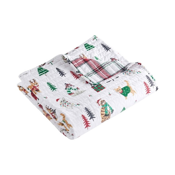 Levtex Home - Meowy Christmas - Throw - Red, Green, Grey and White - Quilt (50x60in.) and Sham 50x60in. - Cotton