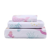 Levtex Home - Mermaid Twin Sheet Set - Top Sheet (66x96in.), Fitted Sheet (39x75), and One Pillowcase (21x30in.) - Girls - Pink, Gold, Blue and White - Polyester