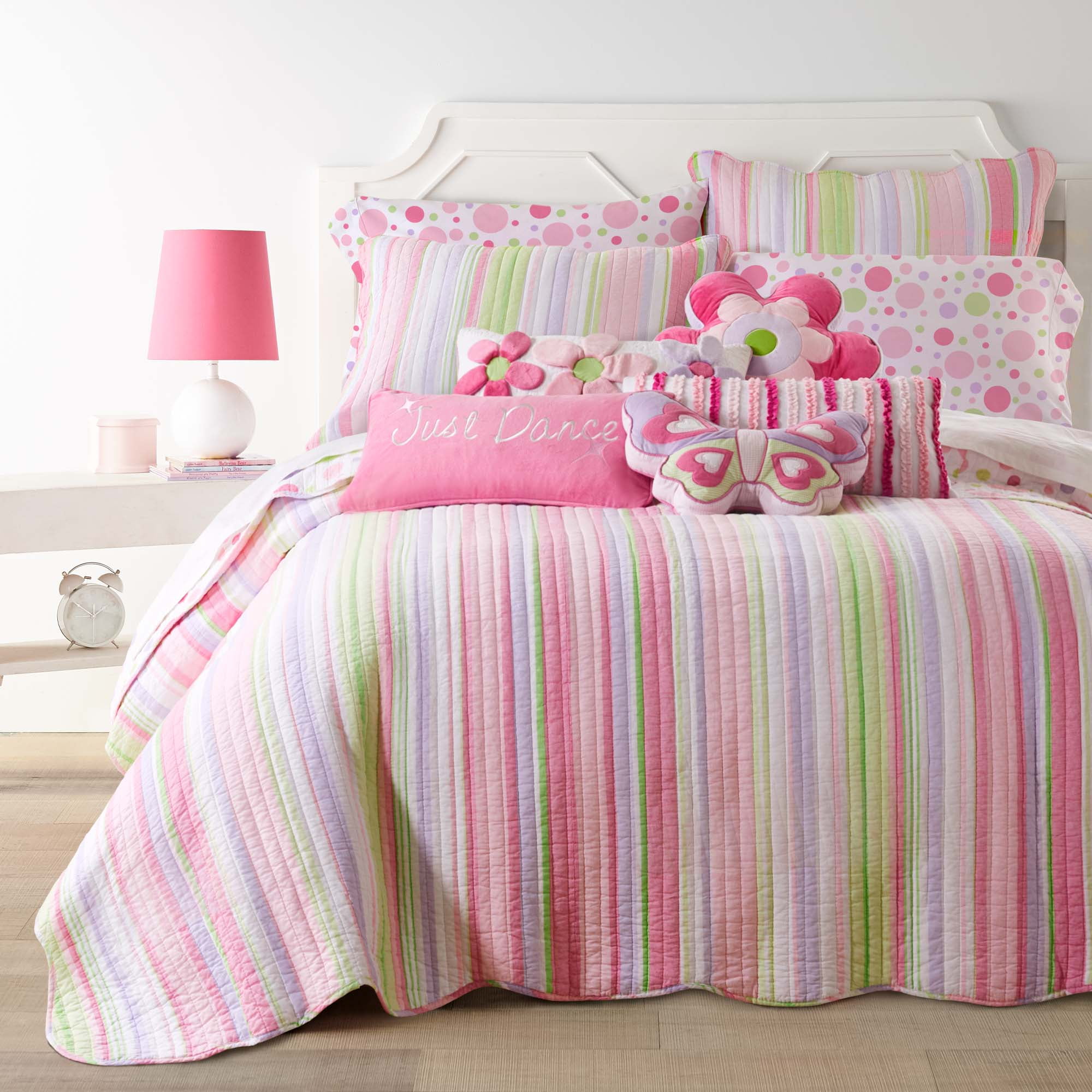 Pink and Green Striped Cotton Twin Quilt Set