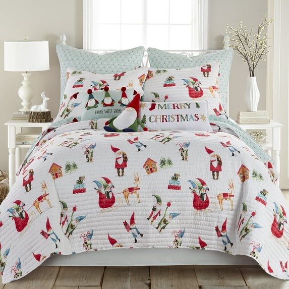Levtex Home Merry & Bright Christmas Gnomes Microfiber Quilt, Twin - Reversible