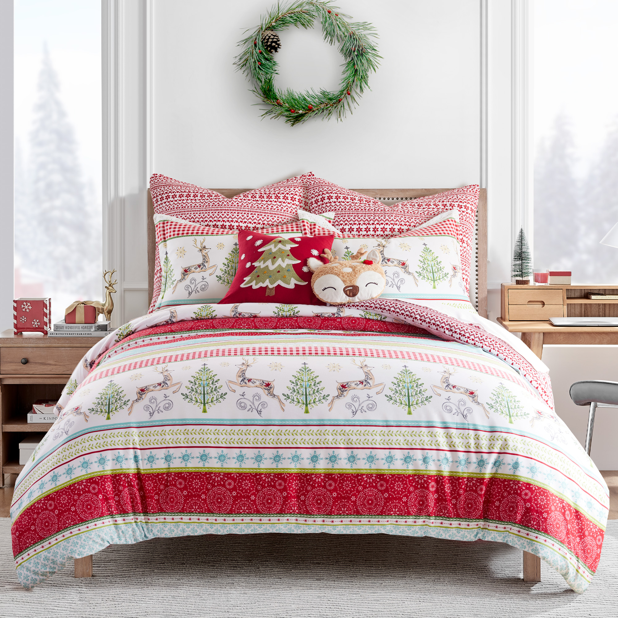 Levtex Home Merry & Bright Set Copripiumino Matrimoniale Double-Face - Rosso, Turchese, Verde E Bianco Con Renne E Fiocchi Di Neve