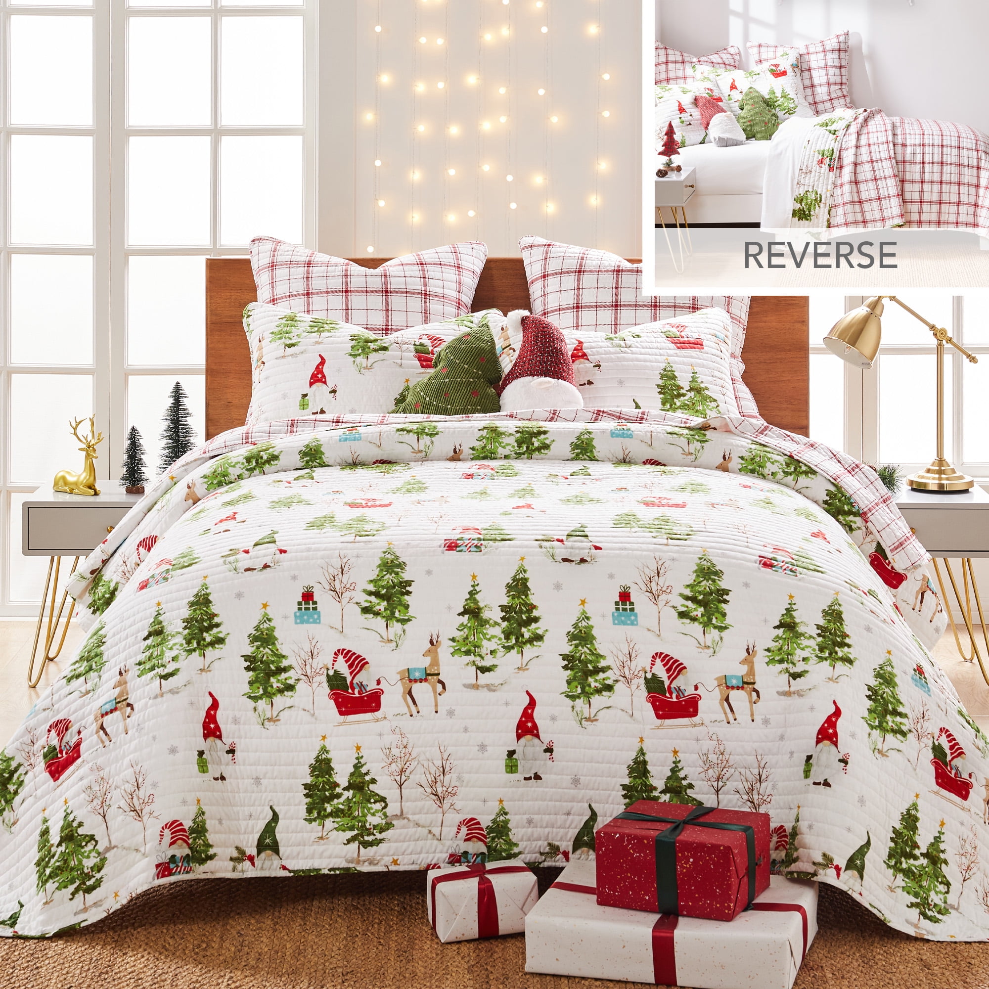 Gnome Forest Red and White Microfiber Twin Quilt Set