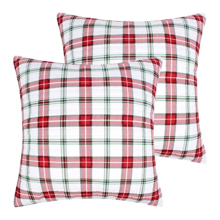 Levtex Home Merry & Bright Collection - Jingle Paws Quilt - Euro Sham set of 2 - Plaid - Red, White and Green - Quilt (26x26in.) - Reversible - Polyester