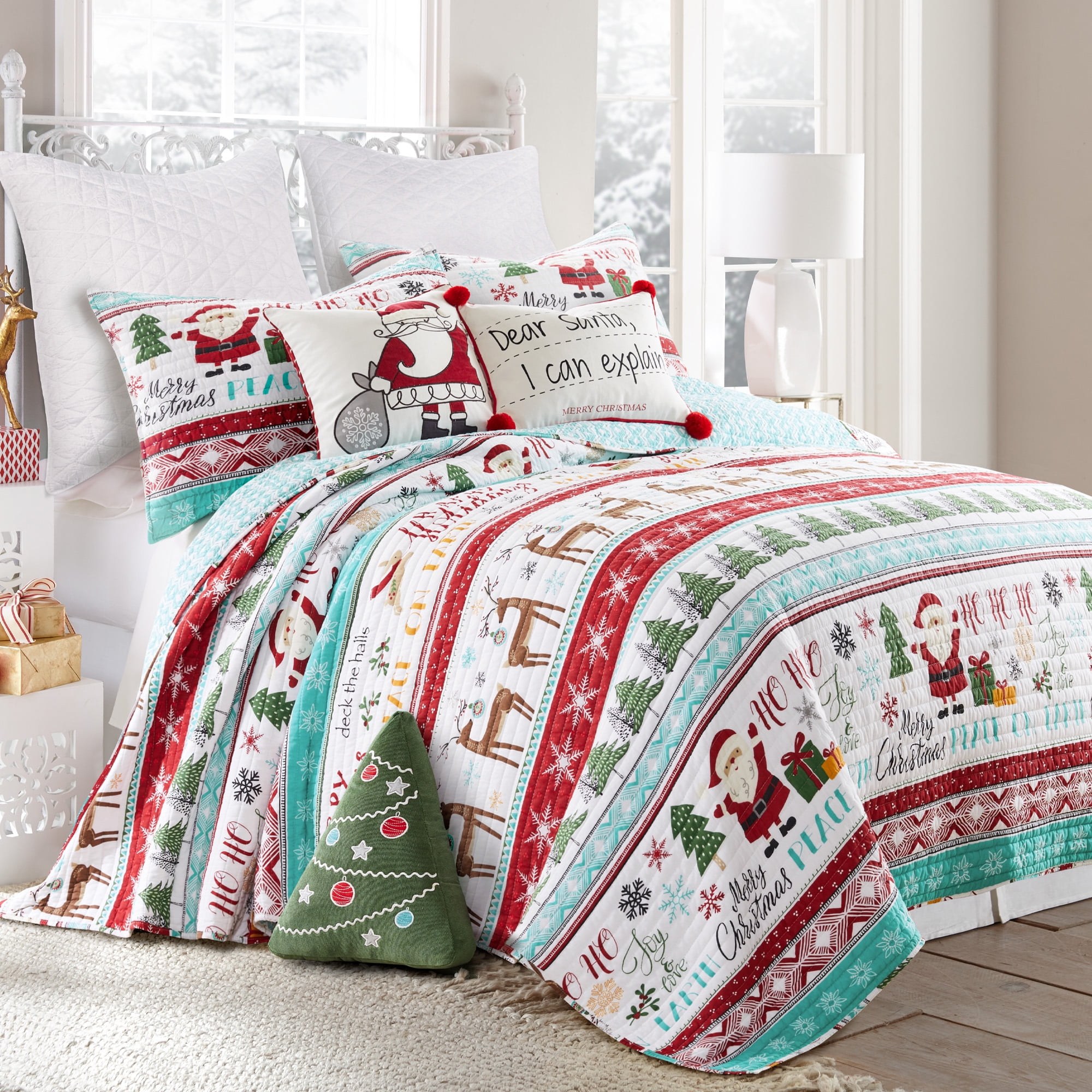 Levtex Home Merry & Bright Set Copripiumino Matrimoniale (223,5x233,7 Cm) + 2 Federe (50x66 Cm) – Double Face Rosso, Turchese, Verde, Bianco, Tema Natalizio Renne E Fiocchi Di Neve - 2