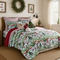 Levtex Home - Merry Mountains - Reindeer Woodland - Green Red White Brown - Full/Queen Quilt (88x92in.)   Two Shams (20x26in.) - Reversible - Cotton