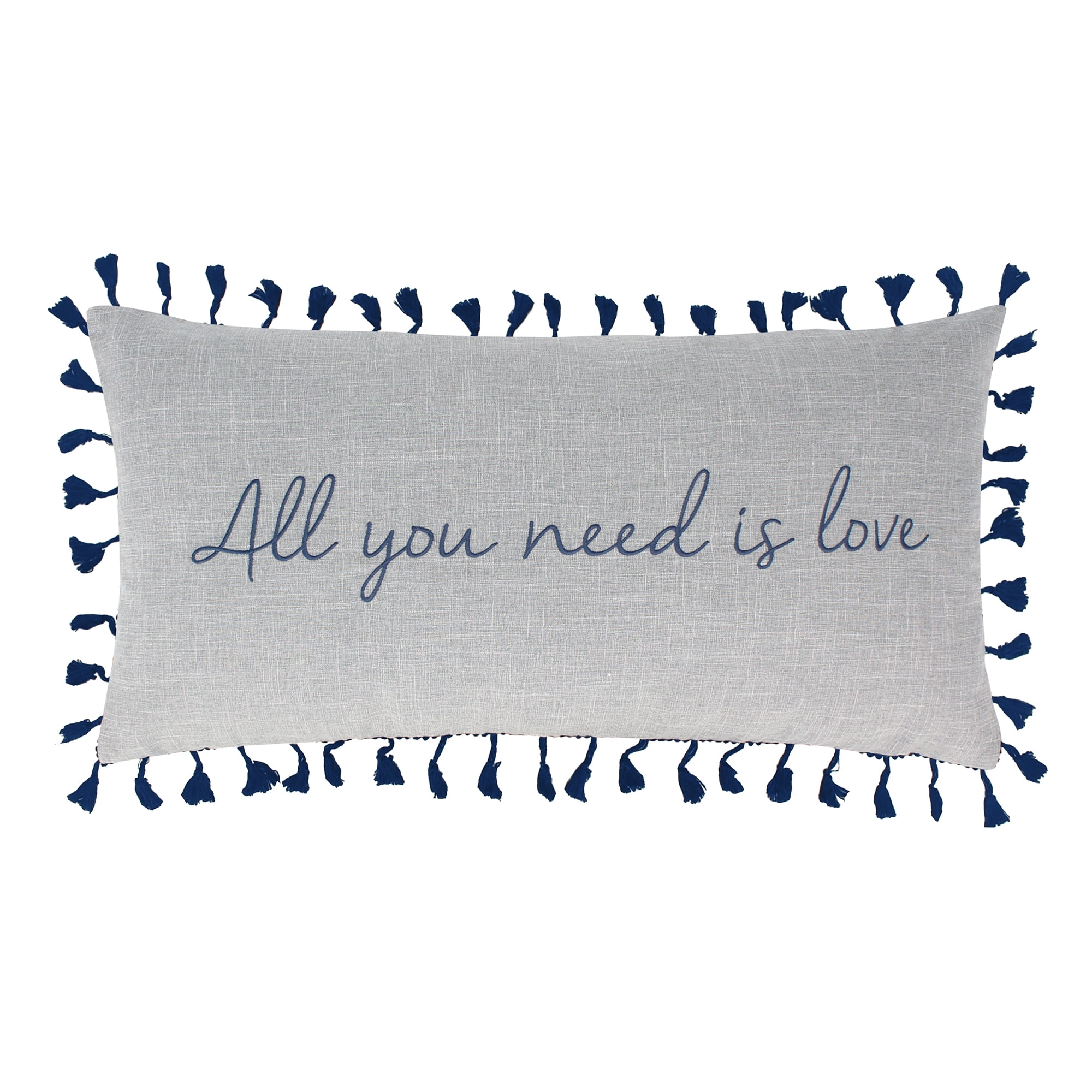 Gray and Navy Embroidered Rectangular Feather Fill Pillow