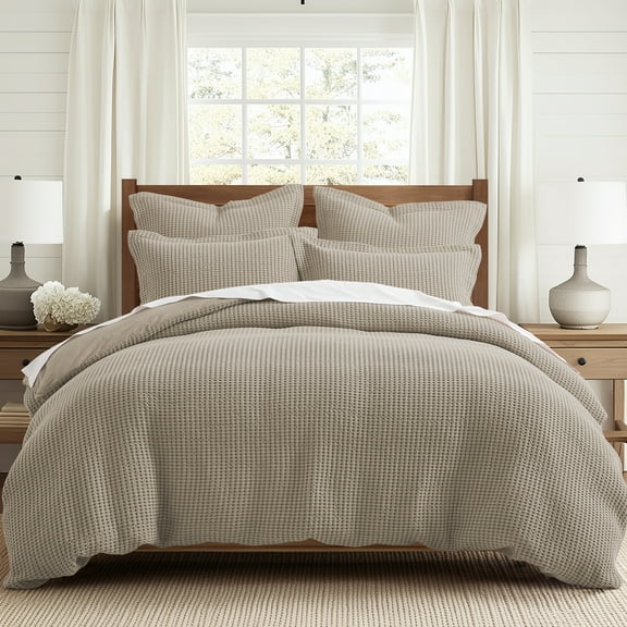 Levtex Home - Mills Waffle Beige Fawn Duvet Cover Set - Full/Queen Duvet Cover + Two Standard Pillow Cases - Beige Fawn Waffle Weave - Duvet Cover (90 x 94in.) and Pillow Case (26 x 20in.) - Cotton