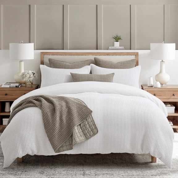 Levtex Home - Mills Waffle Bright White Duvet Cover Set - Twin Duvet Cover + Two Standard Pillow Cases - White Waffle Weave - Duvet Cover (68 x 88in.) and Pillow Case (26 x 20in.) - Cotton