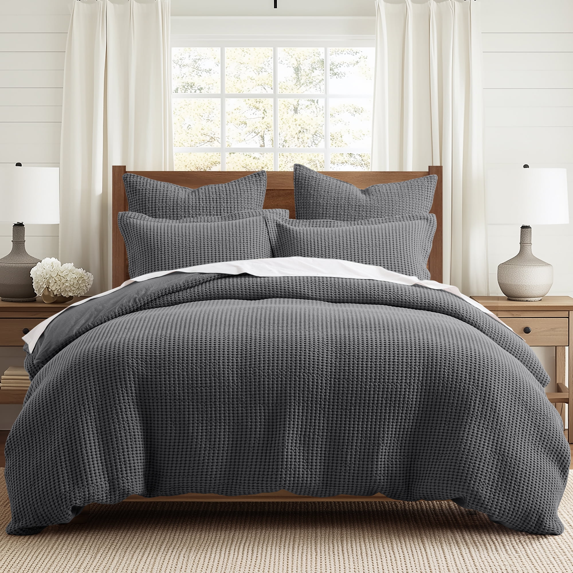 Twin Organic Cotton Waffle Grey Pewter Duvet Set