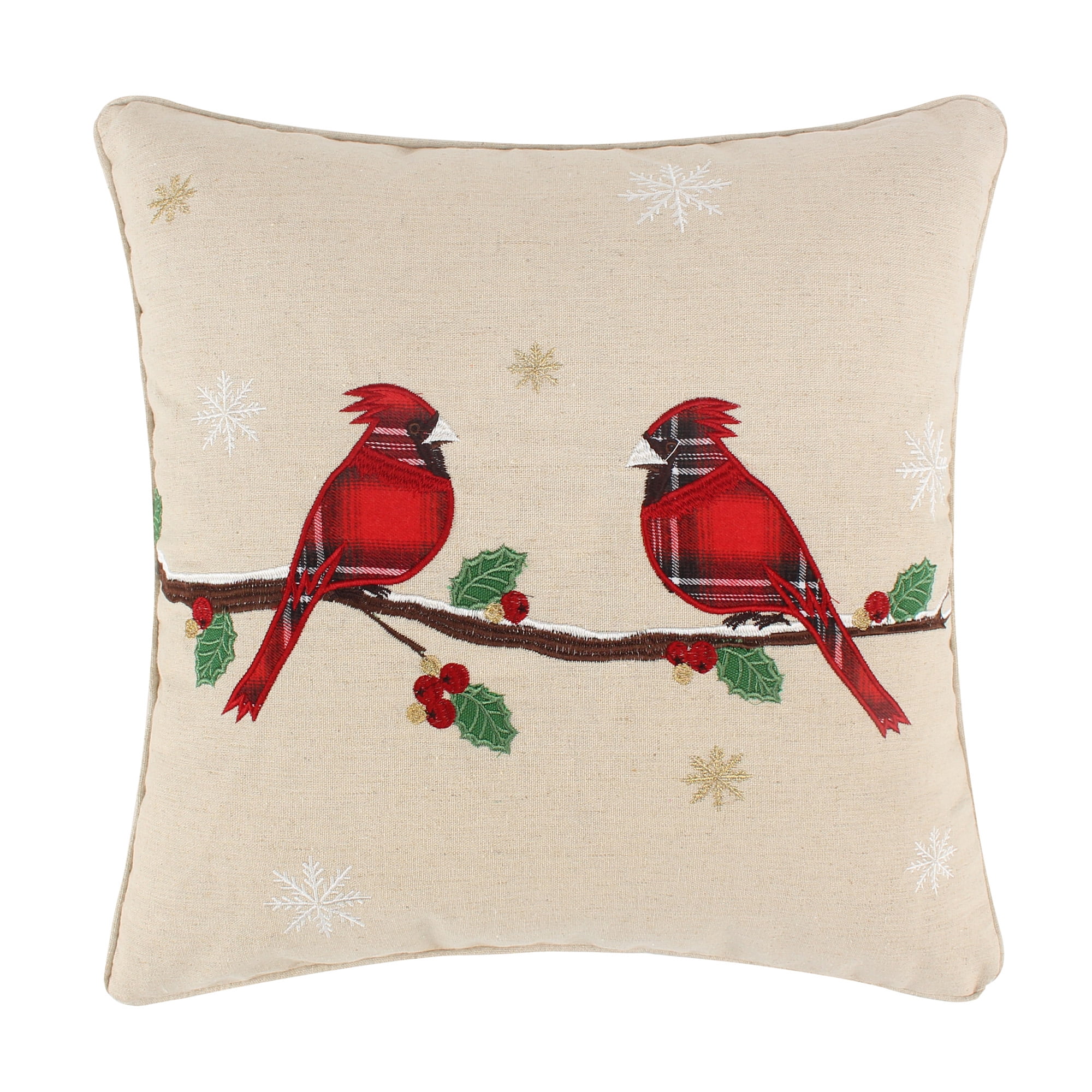 Red Embroidered Cardinal Birds Square Pillow 18x18