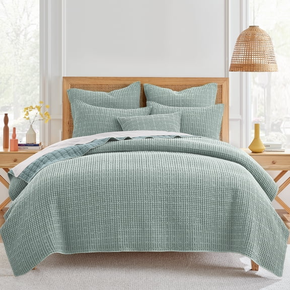 Levtex Home Mills Waffle Full/Queen Quilt Set (88x92in) with 2 Pillow Shams (26x20in) - Spa - Cotton Waffle Full/Queen Size Quilt Bedding Set - Lightweight, Soft, Pre-Washed