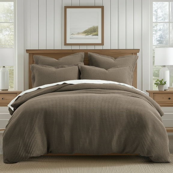Levtex Home - Mills Waffle Latte Duvet Cover Set - Full/Queen Duvet Cover + Two Standard Pillow Cases - Latte Waffle Weave - Duvet Cover (90 x 94in.) and Pillow Case (26 x 20in.) - Cotton