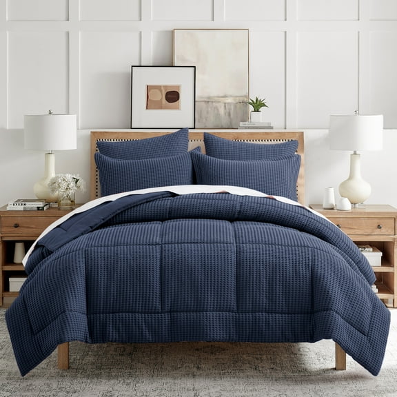 Levtex Home - Mills Waffle Navy Comforter Set - Full/Queen Comforter + Two Standard Pillow Cases - Navy Waffle Weave - Comforter (90 x 94in.) and Pillow Case (26 x 20in.) - Cotton