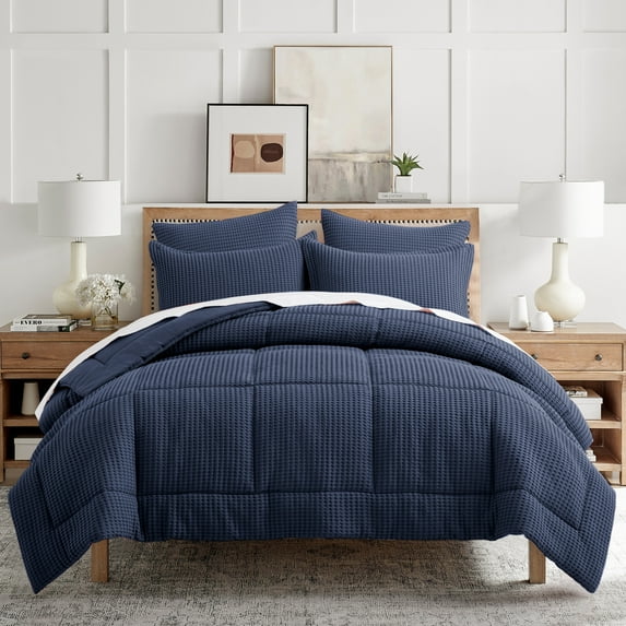 Levtex Home - Mills Waffle Navy Comforter Set - Twin Comforter + One Standard Pillow Case - Navy Waffle Weave - Comforter (68 x 88in.) and Pillow Case (26 x 20in.) - Cotton