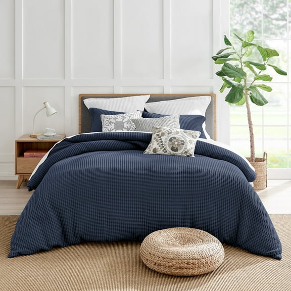 Levtex Home - Mills Waffle Navy Duvet Cover Set - King Duvet Cover + Two King Pillow Cases - Navy Waffle Weave - Duvet Cover (106 x 94in.) and Pillow Case (36 x 20in. ) - Cotton