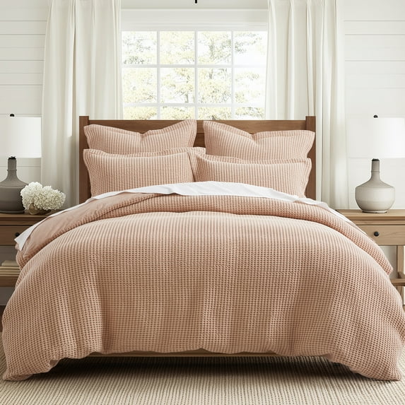 Levtex Home - Mills Waffle Rose Duvet Cover Set - Full/Queen Duvet Cover + Two Standard Pillow Cases - Rose Waffle Weave - Duvet Cover (90 x 94in.) and Pillow Case (26 x 20in.) - Cotton