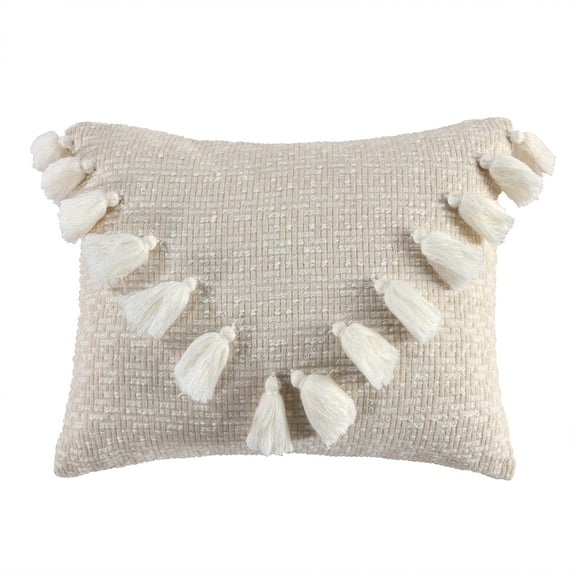 Levtex Home - Mills Waffle - Tassel Pillow - Poly Filled - Tonal Cream and Taupe - Pillow Size (14 x 18in.)