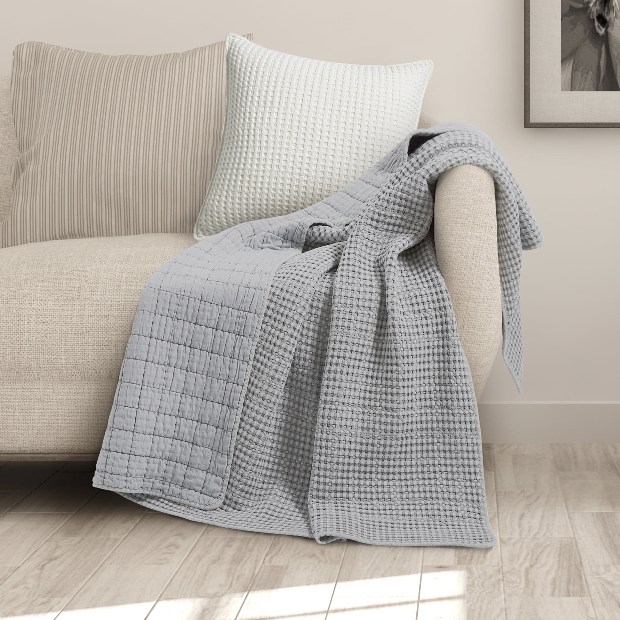 Gray Cotton Waffle Quilted Throw Blanket 50 x 60in