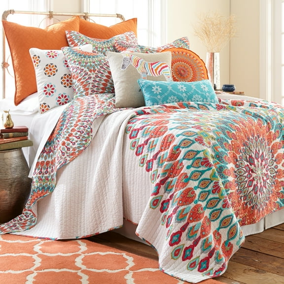 Levtex Home - Mirage Quilt Set - Twin Quilt (68x86in.) + One Standard Pillow Sham (26x20in.) - Orange, White, Teal, Multicolor - Cotton - Reversible