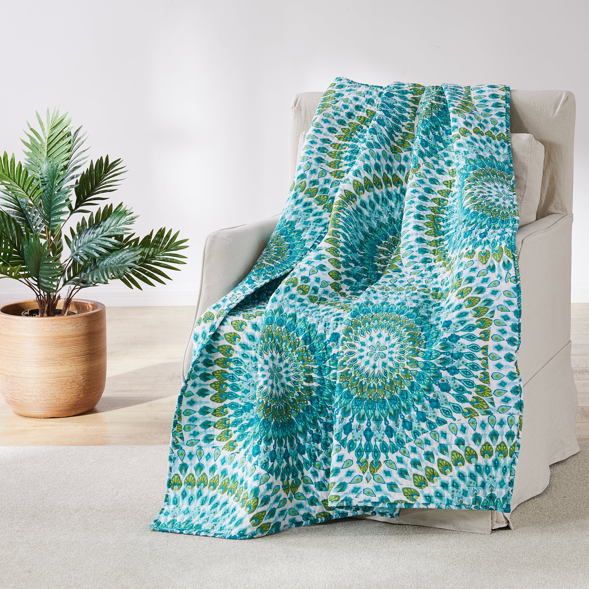 Teal and Green Cotton Reversible Quilted Throw Blanket