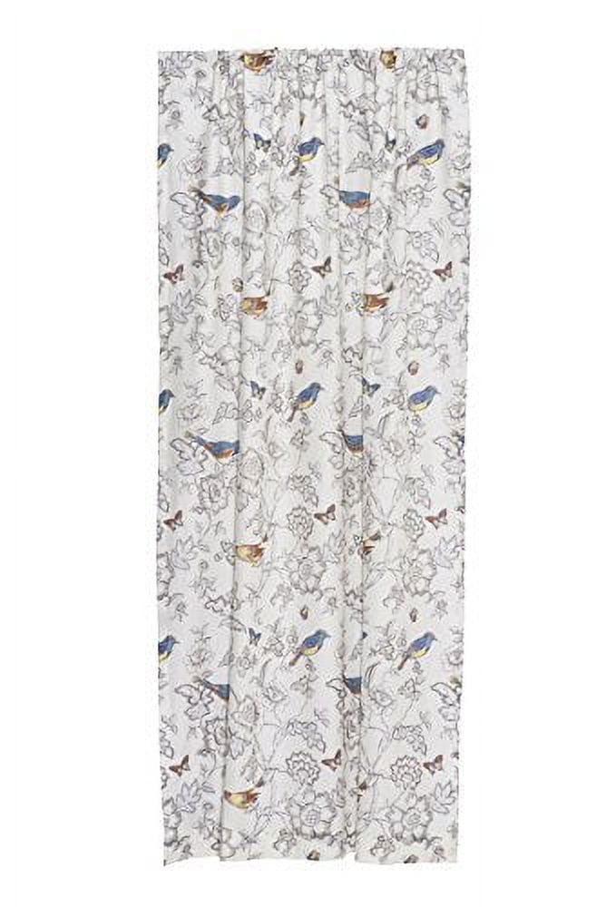 Gray Floral Bird Print Cotton Rod Pocket Curtains