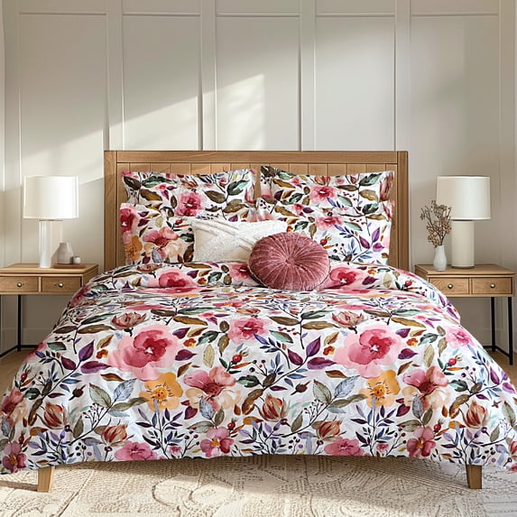 Levtex Home - Mona Duvet Cover Set - King Duvet Cover (106 x 94in.) + Two King Pillow Cases (36 x 20in. ) - Watercolor Floral - White Mauve Deep Purple Blush Ochre Green - Cotton