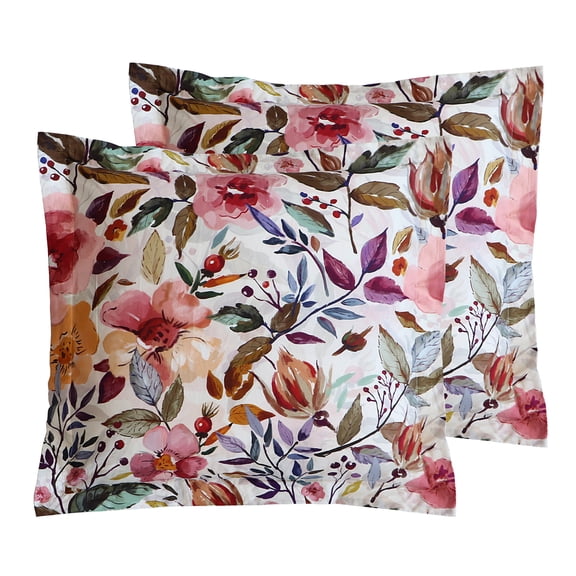 Levtex Home - Mona Euro Sham Set of Two - Watercolor Floral - White Mauve Deep Purple Blush Ochre Green - Two Euro Shams (26 x 26in.)- Cotton