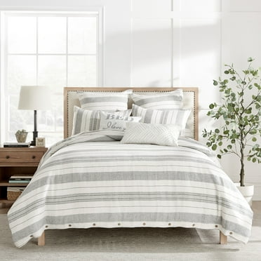 Levtex Home - Monroe Stripe Comforter Set - Full/Queen Comforter   Two Standard Pillow Cases - Grey, White, and Charcoal - Striped - Comforter (90 x 94in.) and Pillow Case (26 x 20in.) - Cotton