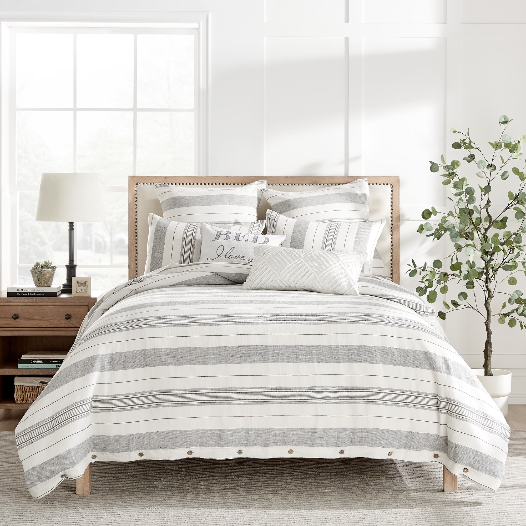 Monroe Stripe Gray and White Cotton King/Cal King Duvet Set