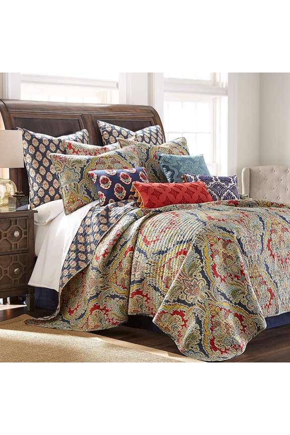 Moreno Damask Quilt Set, Twin, Red Blue Grey Gold Teal, Reversible Cotton, ( 2 Count)