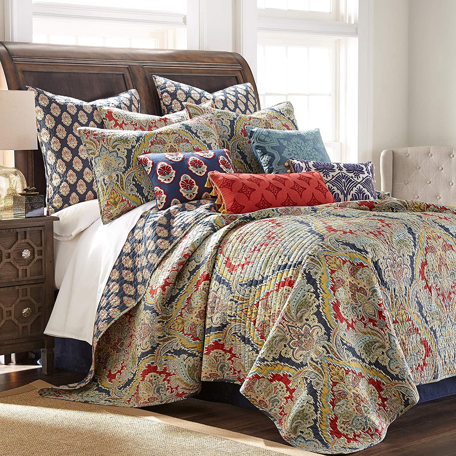 Levtex Home - Moreno Quilt Set - King Quilt + Two King Pillow Shams - Traditional Damask - Red, Blue, Grey, Gold, Teal - Quilt (106x92in.) and Pillow Shams (36x20in. ) - Reversible - Cotton