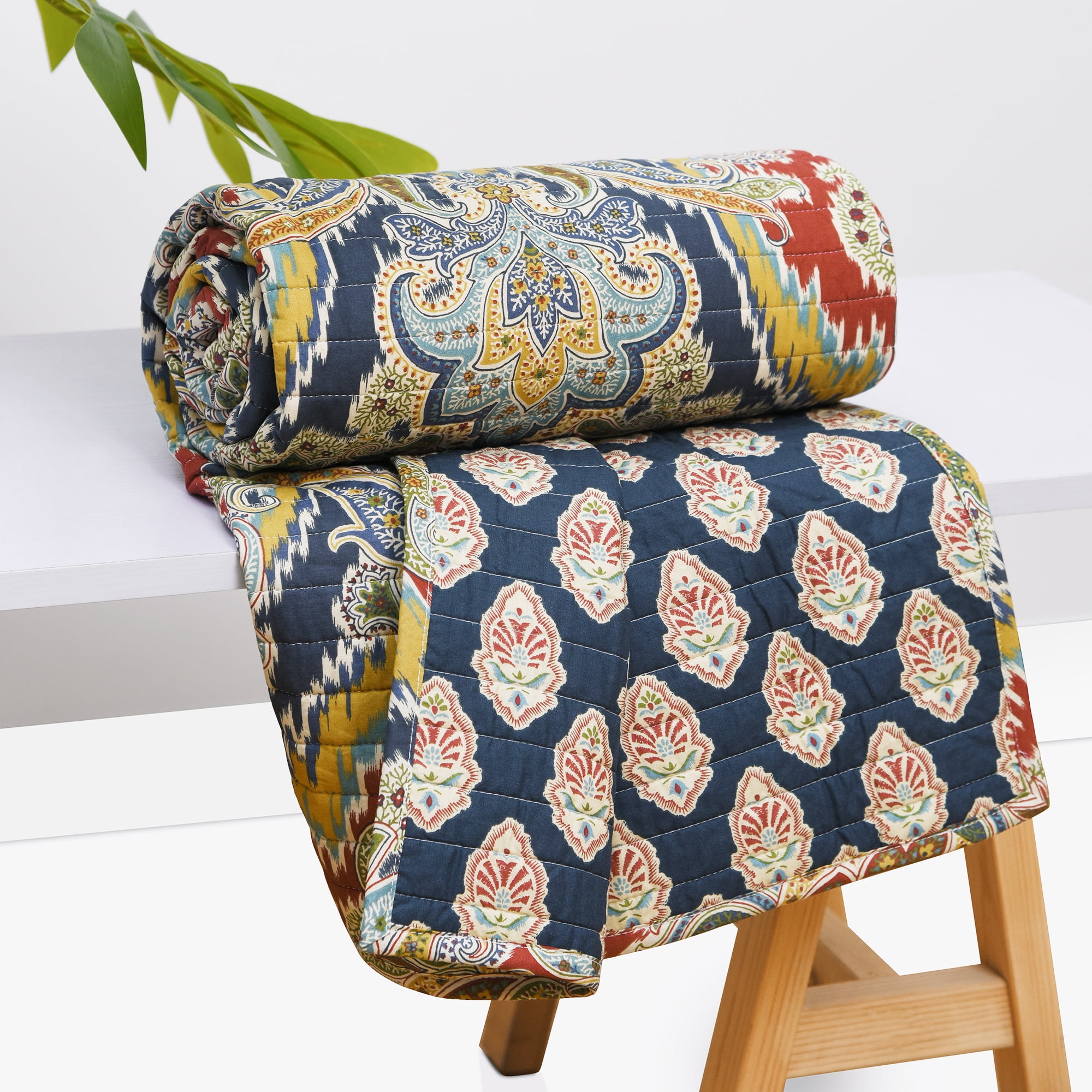 Moreno Red and Blue Cotton Reversible Quilted Throw