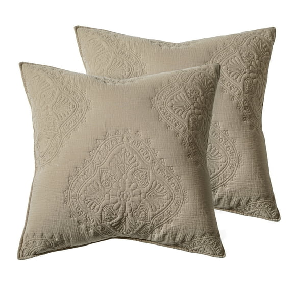 Levtex Home - Muslin Stitch - Euro Sham - Stitched Medallion - Taupe - (26x26in.) - Reversible - Cotton