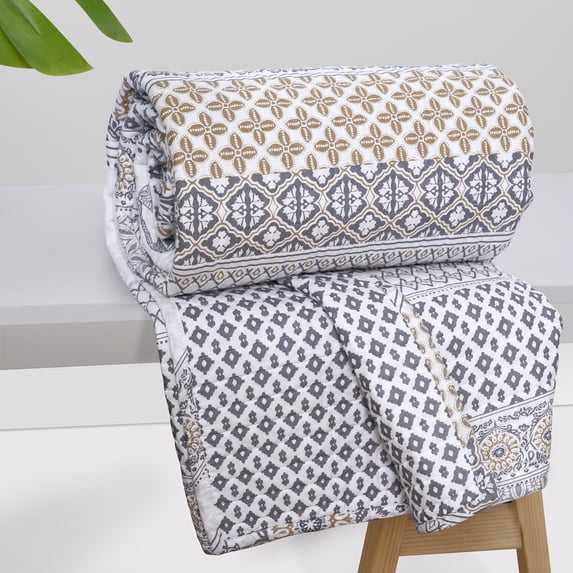 Levtex Home - Nacala - Quilted Throw - 50x60in. - Elephant Walk in Grey Taupe White - Reversible Pattern - Cotton Fabric