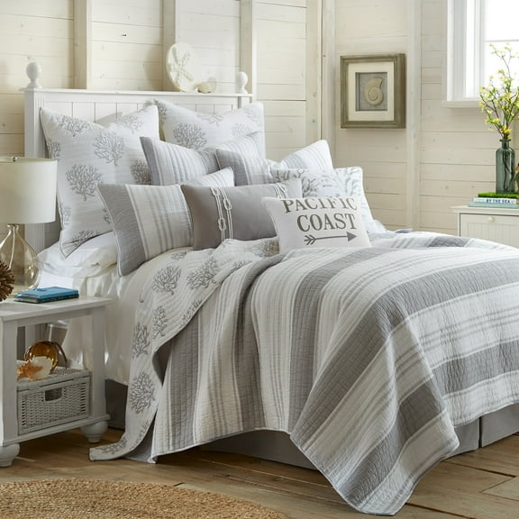 Levtex Home - Nantucket Twin Quit Set - Striped Coastal - Grey & White - Quilt Size 68x86in. and One Sham Size 20x26in. - Reversible - Cotton Fabric